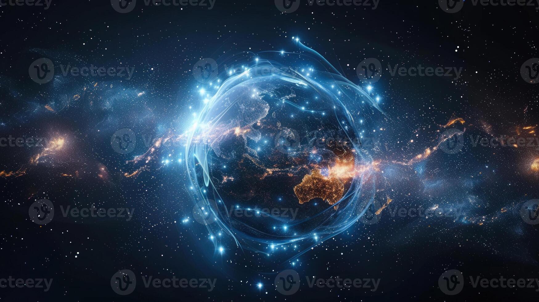 An ethereal depiction of Earth surrounded by glowing energy fields in the vast, starry expanse of space. photo