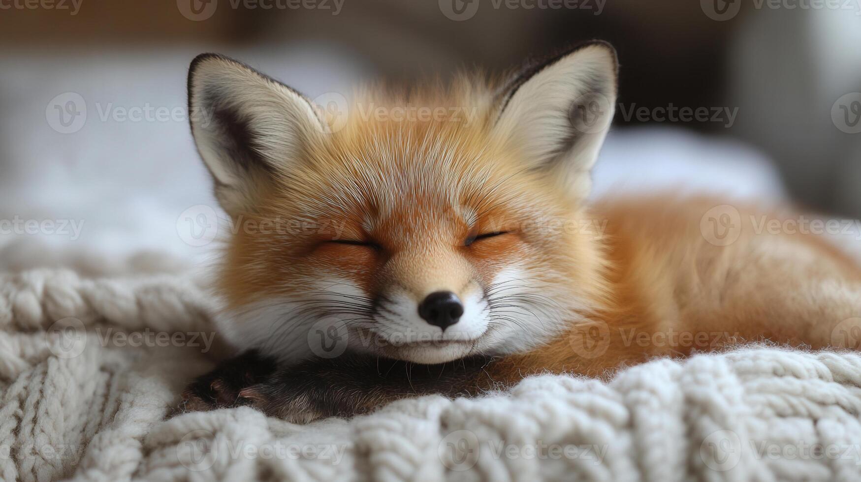 A serene red fox rests peacefully, its eyes closed, on a comfortable, white knitted blanket. photo