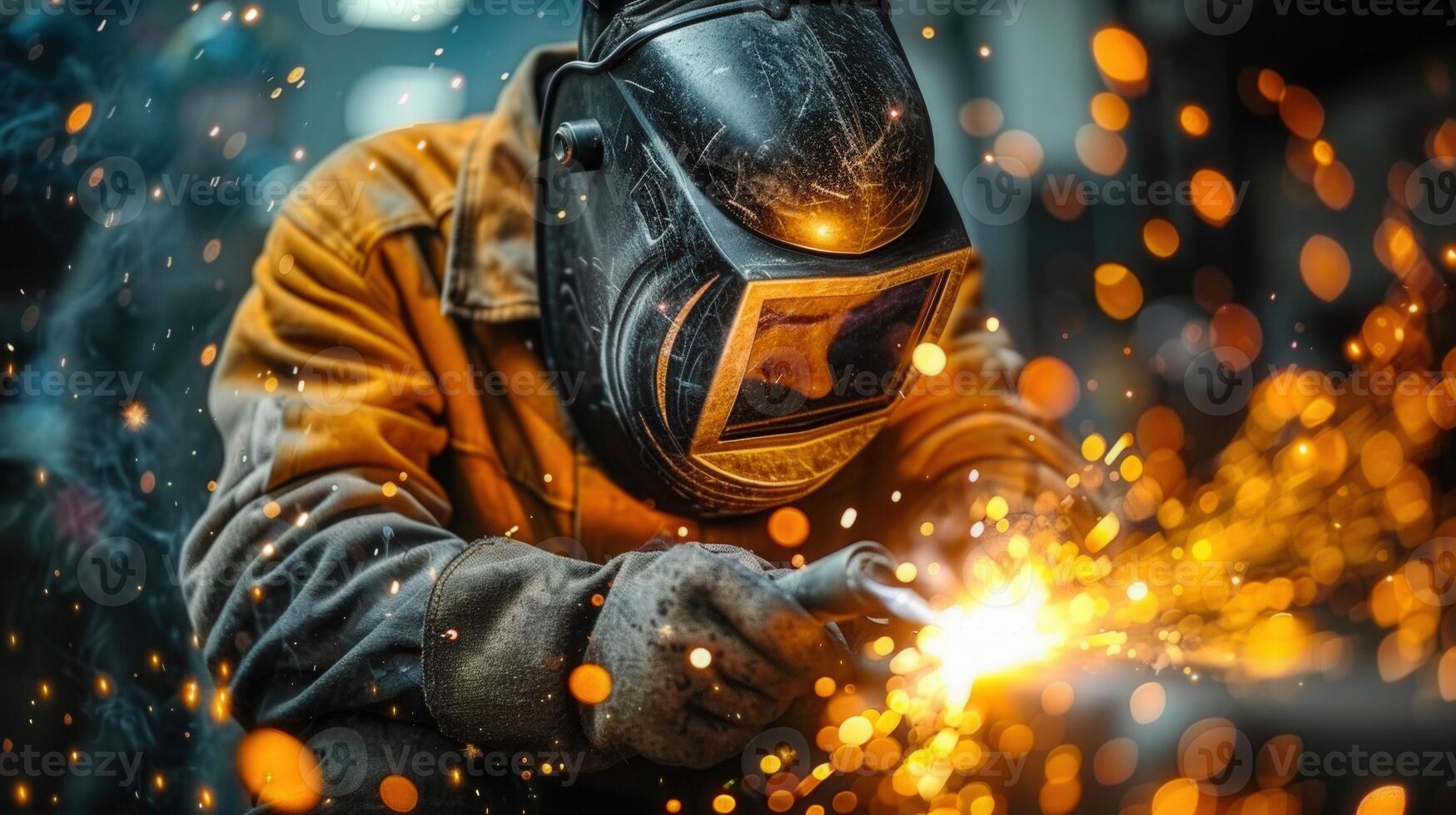 A skilled welder uses a torch to work on metal, creating a shower of sparks and flames. photo