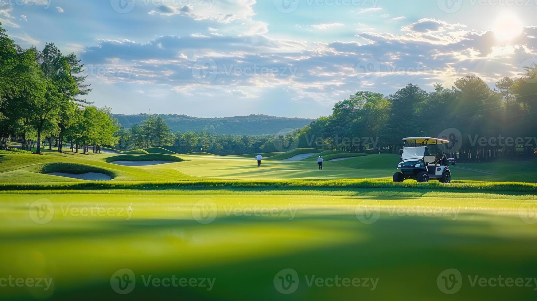 Beautiful golf course in the sunlight with players, trees, and a golf cart on the fairway. photo