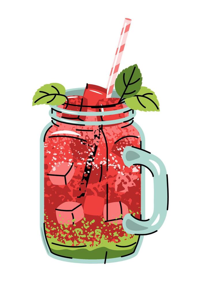 Watermelon drink in mason jar with ice, mint leaves and straw, flat design illustration on white. Refreshing summer beverage, healthy fruit infused water. Perfect for cafe menus, juice bar vector