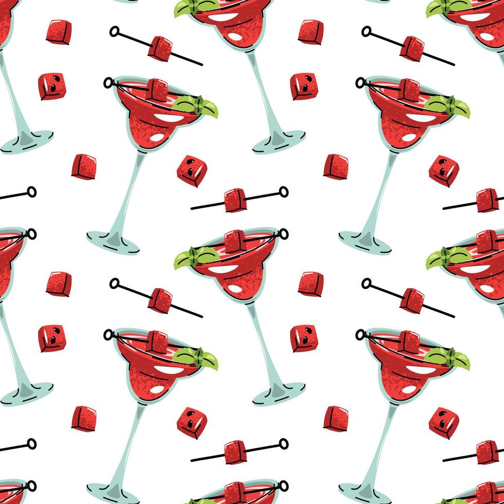 Watermelon cocktail seamless pattern. Background with drink and fresh slice in flat style. Summer bar party, tropical wallpaper, beverage packaging, resort textiles. illustration. vector