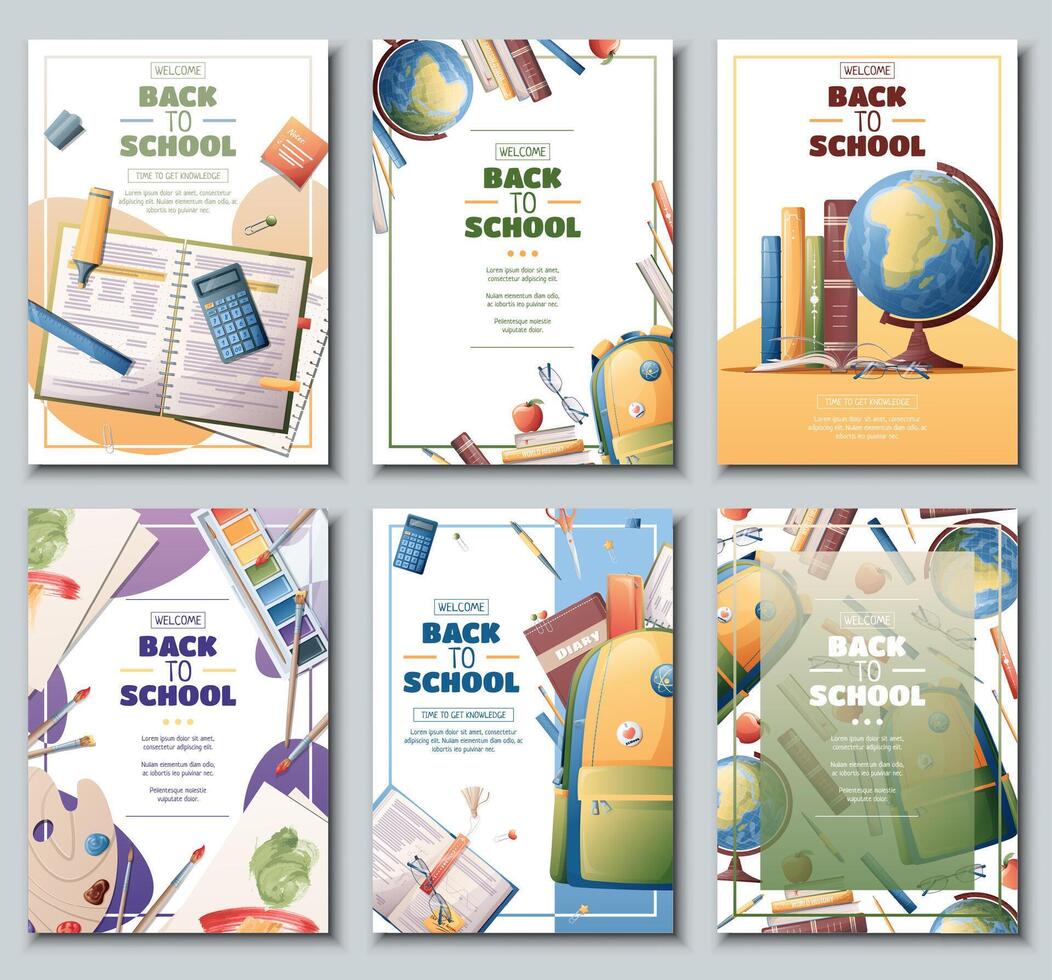 Set of school banners, flyers with backpack, globe, books. Back to school, teachers day, love of knowledge. Background vector