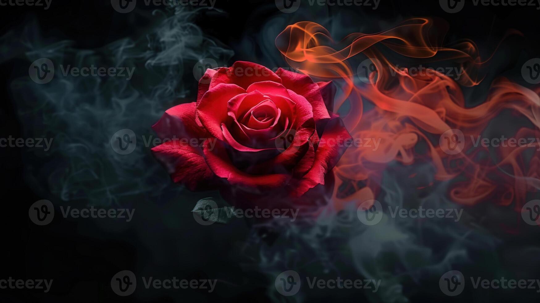 A stunning red rose emerges from swirling smoke, captivating with beauty and bold colors. photo