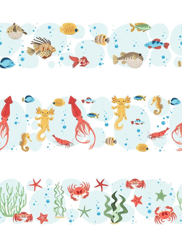 Tropical Seamless Borders Set, Colorful Fish, axolotl, squid and Crab in Flat Design. Perfect for Marine-Themed Websites, Kids Room Decor and Ocean Party Invitations. Repeatable Patterns. vector