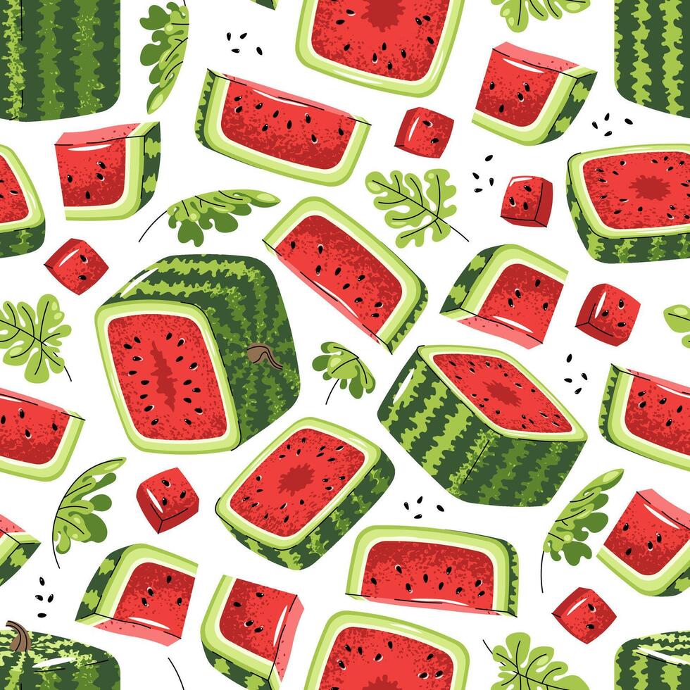 Square Watermelon Pattern. Seamless Flat Design with Whole Fruit and Slices. Perfect for Food Packaging, Kitchen Textiles, Digital Wallpaper, Summer Branding. Illustration. vector