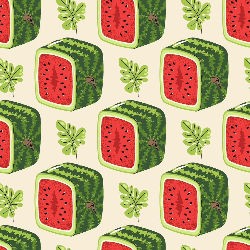 Square Watermelon Half Seamless Pattern. Flat Geometric Fruit Design for Juice Packaging, Kitchen Decor, Hipster Logos, Modern Wallpaper. Fresh Style vector