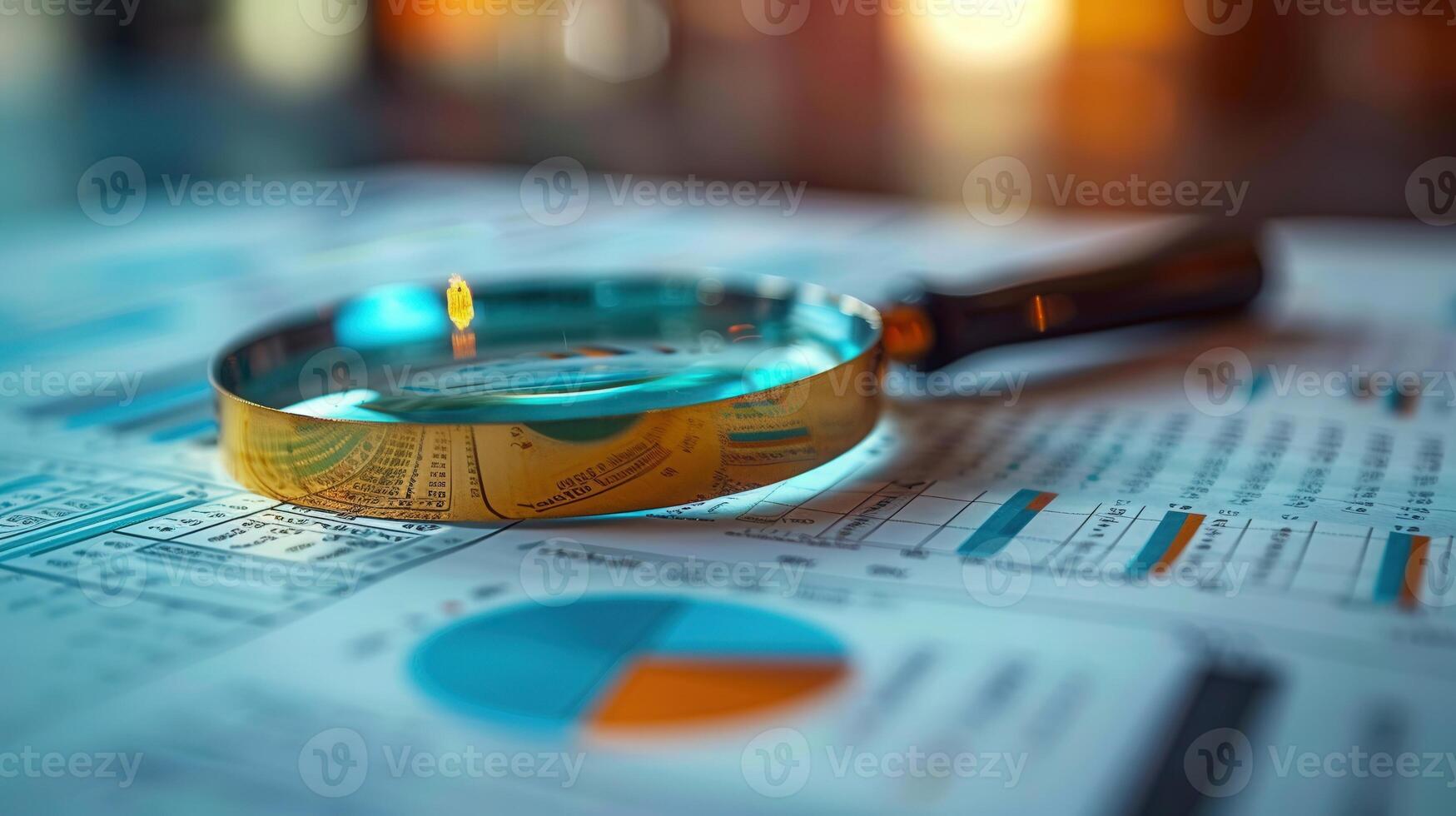 Magnifying glass placed on financial charts, showing detailed analysis and business strategy. photo