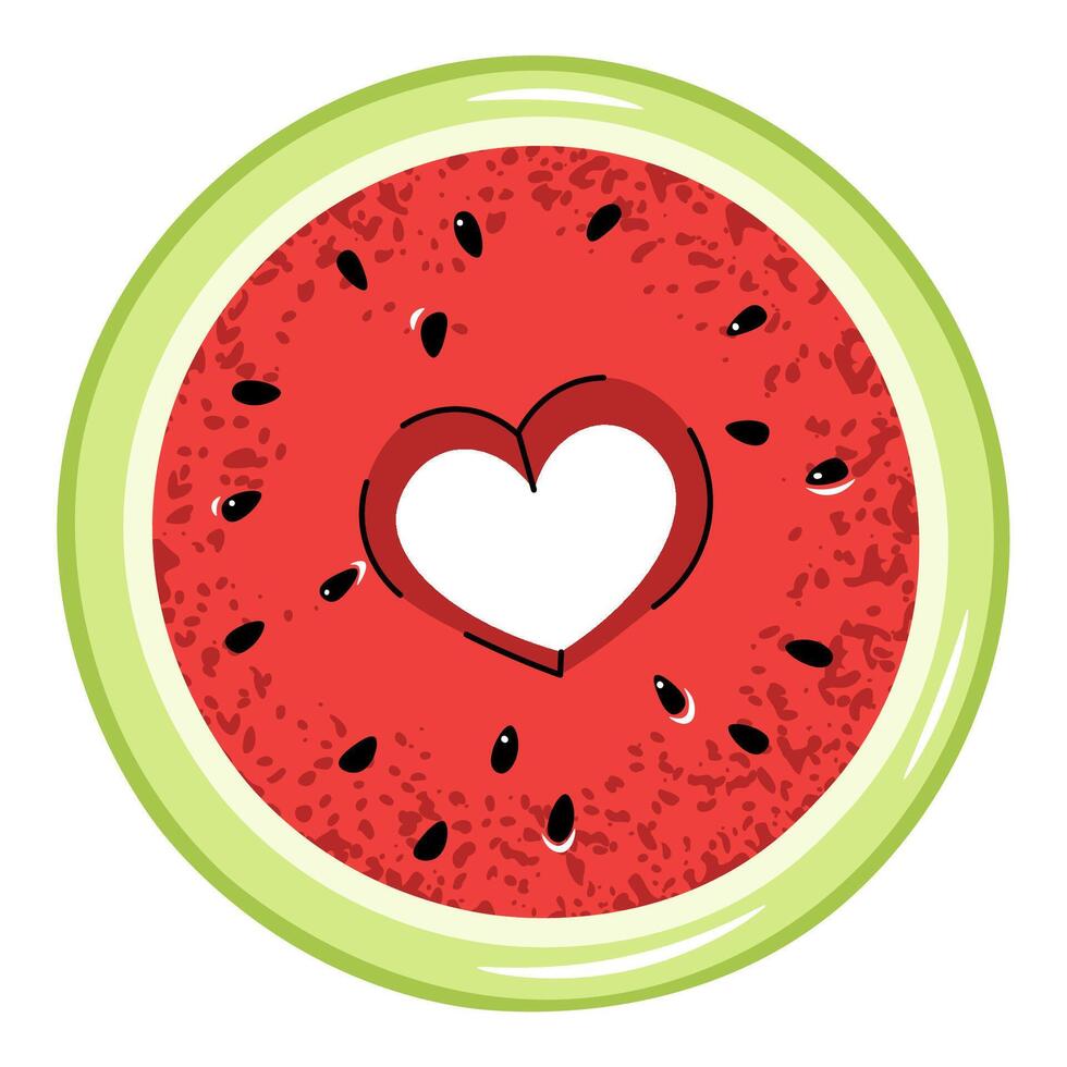 Round watermelon slice with heart-shaped cutout isolated on white. Flat design illustration of romantic fruit with missing piece. Perfect for love-themed stickers, wedding, summer packaging, merch vector
