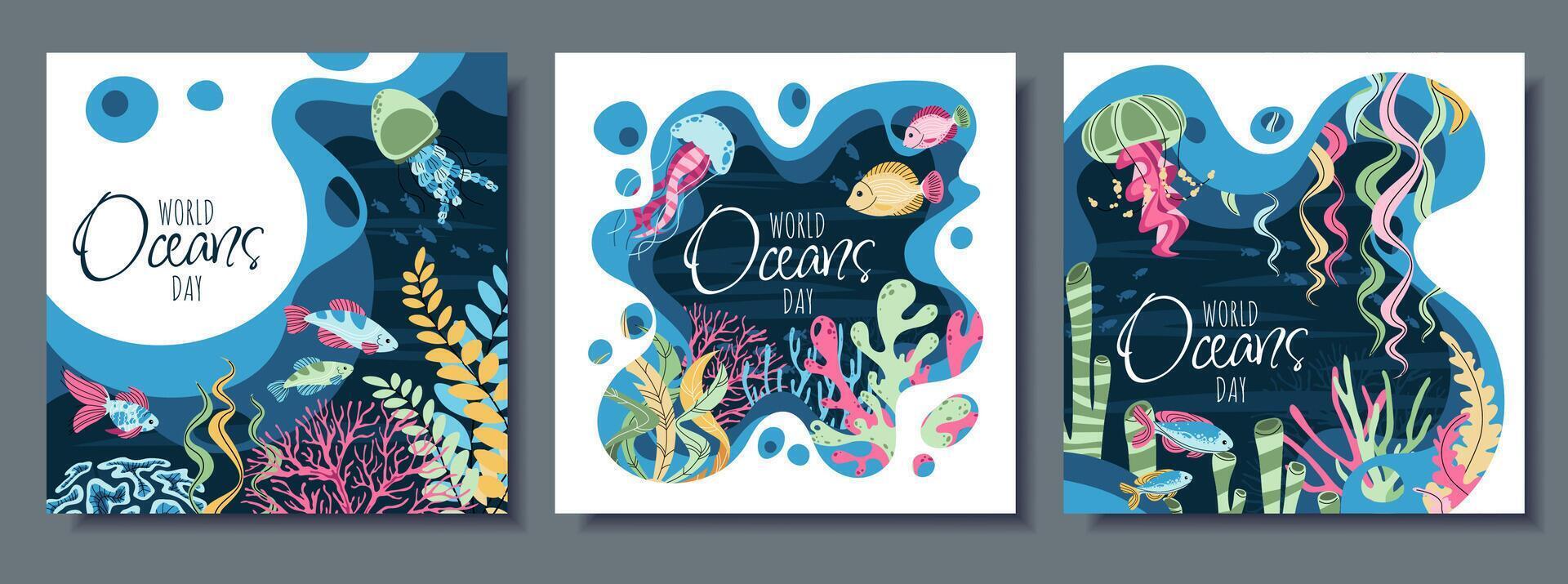 World Oceans Day Square Banner Set. Tropical Fish and Coral Reef Flat Design. Ideal for social media posts, educational printables and eco-friendly merchandise. Customizable flat designs vector
