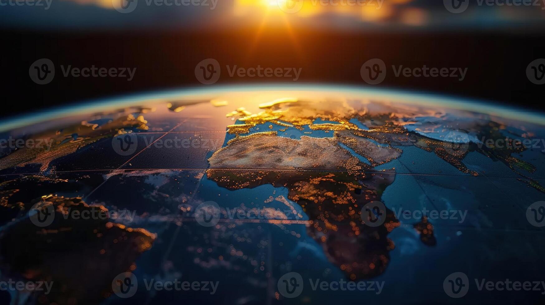 A glowing sunrise over the earth, showing the illuminated continents at dawn. photo