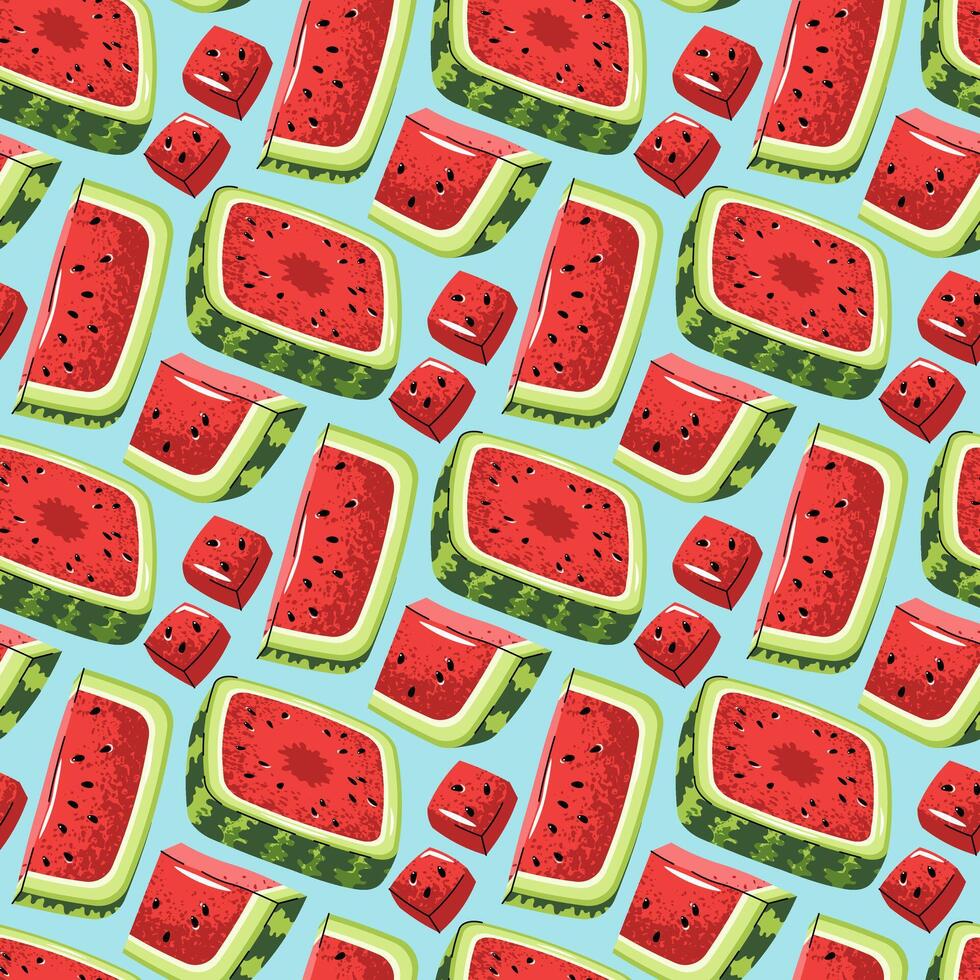 Square Watermelon Slice Seamless Pattern. Flat Design Cut Fruit Repeat. Perfect for Modern Kitchen Textiles, Food Packaging, Wall Art, Digital Backgrounds. Minimalist Illustration. vector