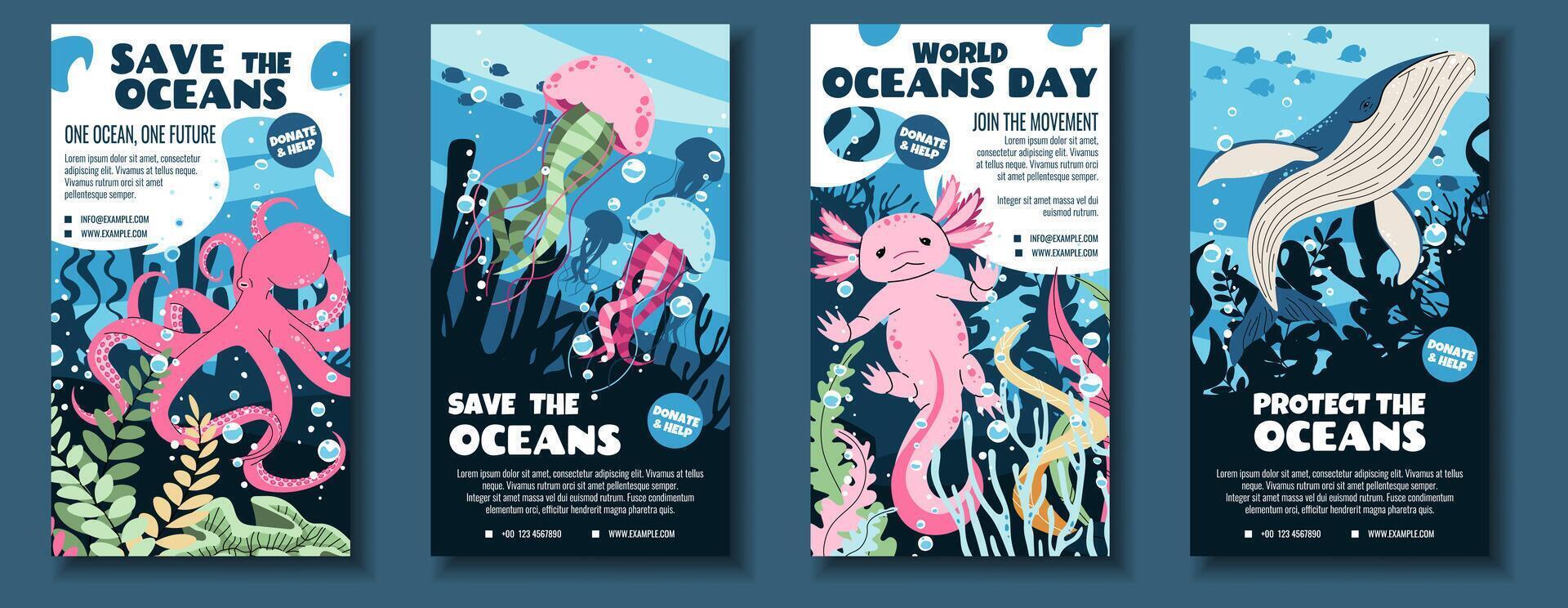 World Oceans Day Social Media Story Templates. Flat Design Octopus, Axolotl, Whale, Jellyfish on Ocean Background. Perfect for Marine Conservation Campaigns, Educational Content and Eco Brand. vector