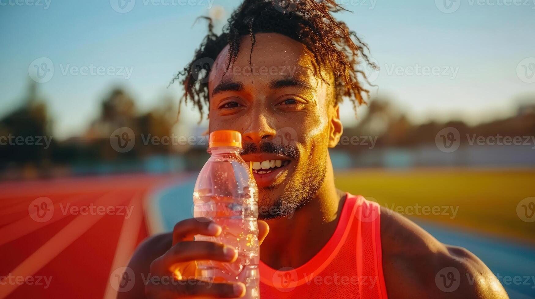 Joyful athlete holding a water bottle after a training run on the track, smiling at the camera. photo