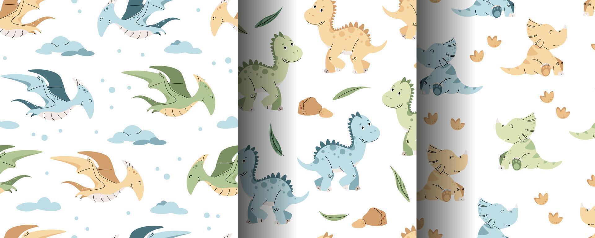 Set of Seamless Patterns with cute dinosaurs in flat style. Repeating background with baby dinosaur and footprints. Kiddie background for fabric, wallpaper, wrapping paper, scrapbooking vector