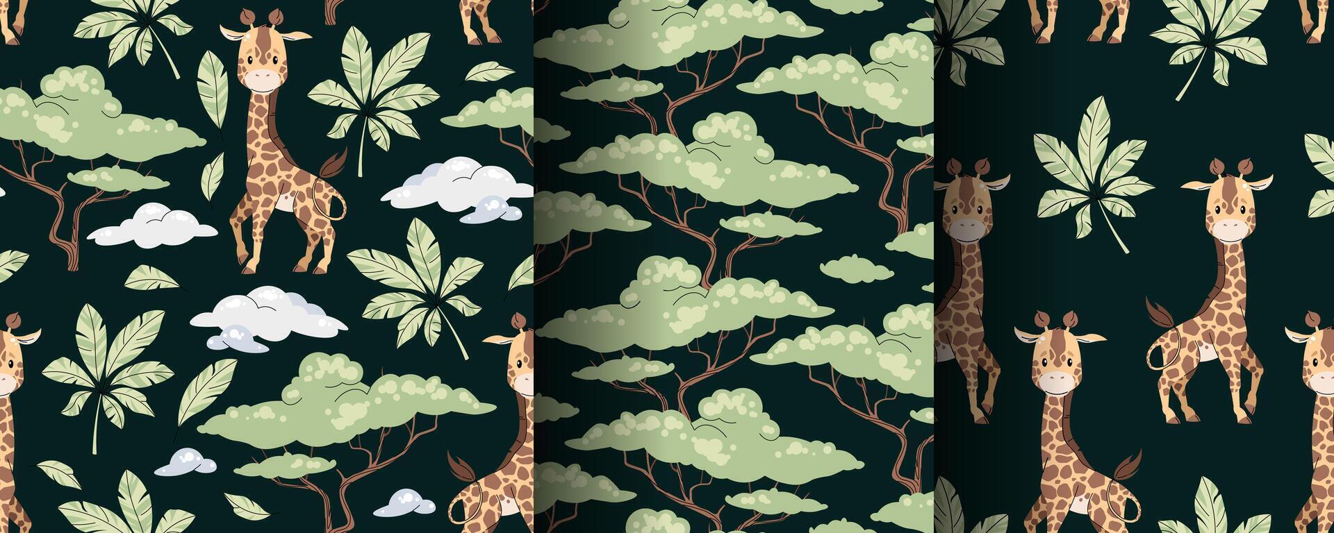 Set of seamless patterns with cute giraffes in flat style. Repeating background with African animals, palm leaves and acacia. Childish illustration for fabric, wallpaper, wrapping paper vector