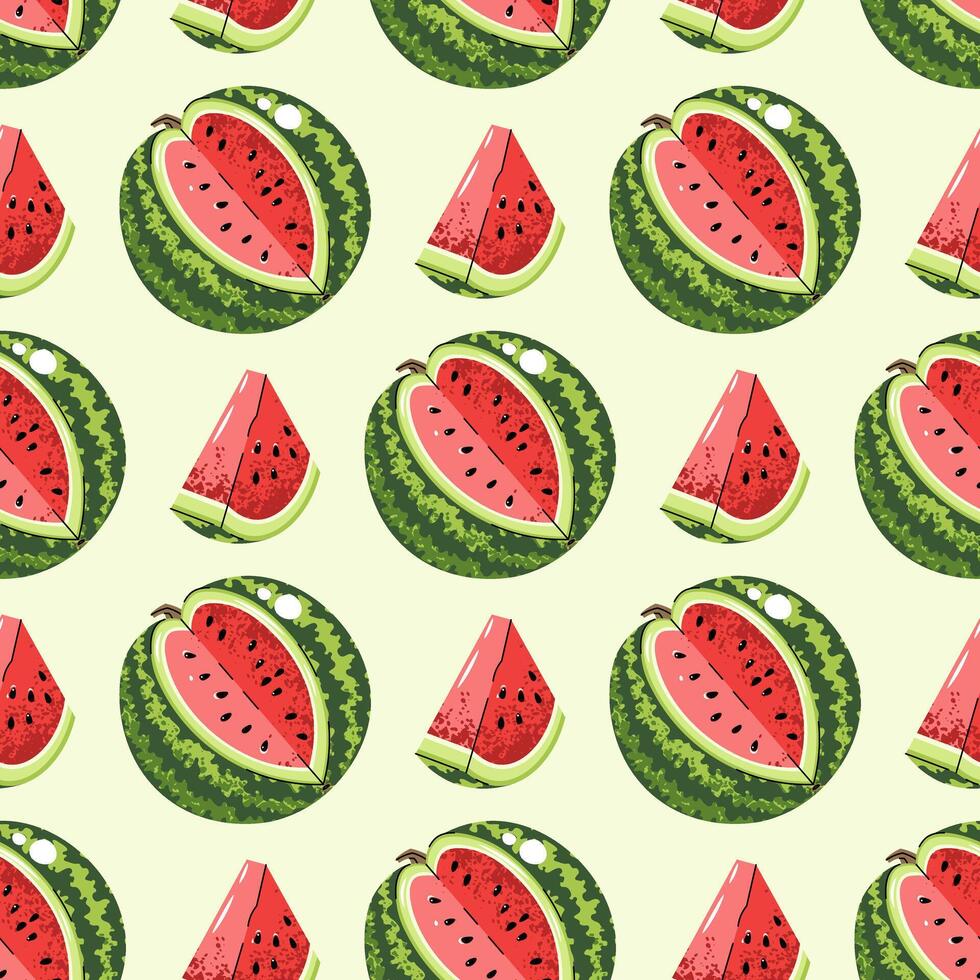 Seamless pattern with watermelon. Flat Design Fruit Repeat with Juicy Slices. Perfect for Textile. Wrapping Paper. Summer Backgrounds. Illustration vector