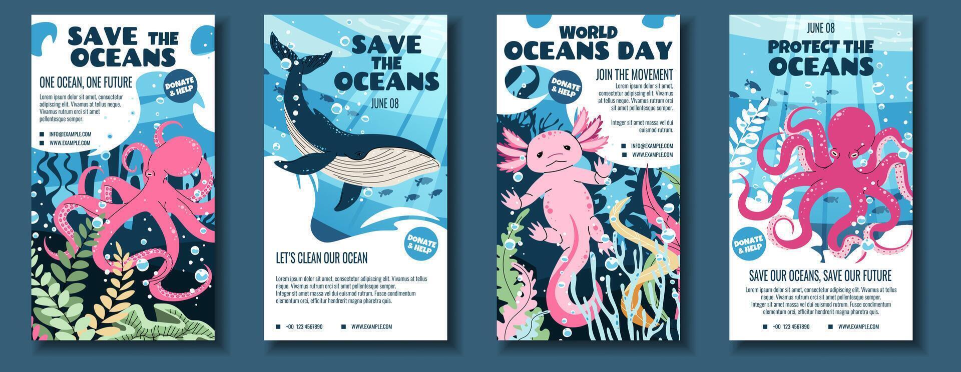 World Oceans Day Social Media Story Templates. Flat Design Octopus, Axolotl and Whale on Ocean Background. Perfect for Marine Conservation Posts, Educational Content and Eco Brand Promotions vector