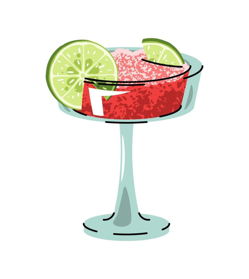 Watermelon cocktail with ice and lime slice, flat design isolated on white background. Refreshing summer drink, cold beverage concept. Perfect for bar menu, logo, sticker, packaging, social media vector