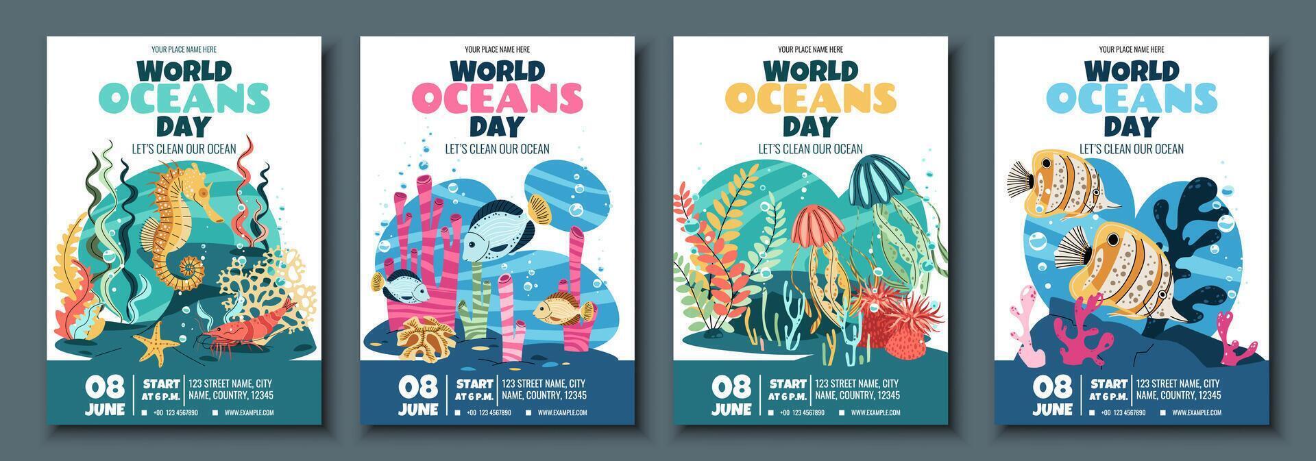 World Oceans Day Flyer Set Featuring tropical fish, seahorse and jellyfish on Coral Reef. Templates for Marine Conservation Events, Beach Cleanups and Ocean-Themed Parties. templates vector