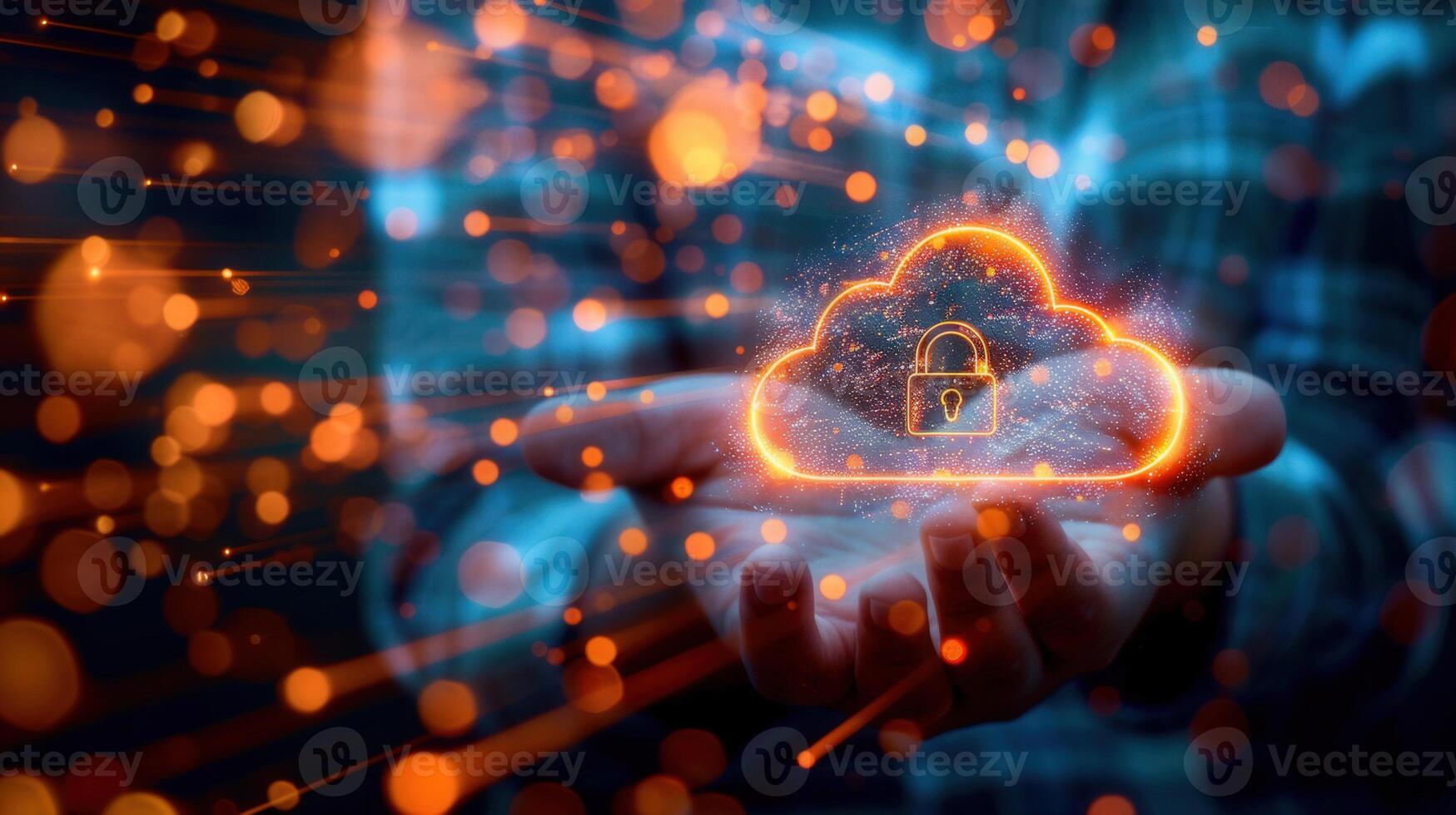 A hand holds a glowing cloud with a lock, representing secure online data protection and storage. photo