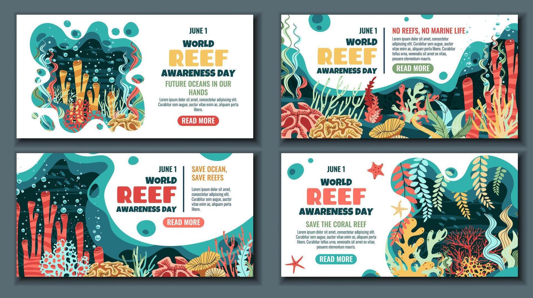 World Reef Day Horizontal Banner Set. Vibrant Coral Reef and Seaweed Flat Design. Protect Our Reefs. Perfect for Marine Conservation Websites, Social Media, Eco Campaigns. Custom Illustrations. vector