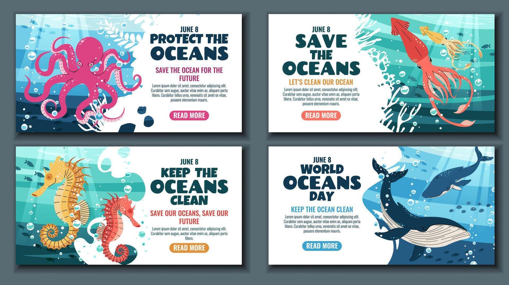 World Oceans Day Horizontal Banner Set Featuring Octopus, Squid, Seahorse and Whale on Coral Reef. Templates for Marine Conservation Events, Educational Programs and Ocean Awareness Campaigns vector