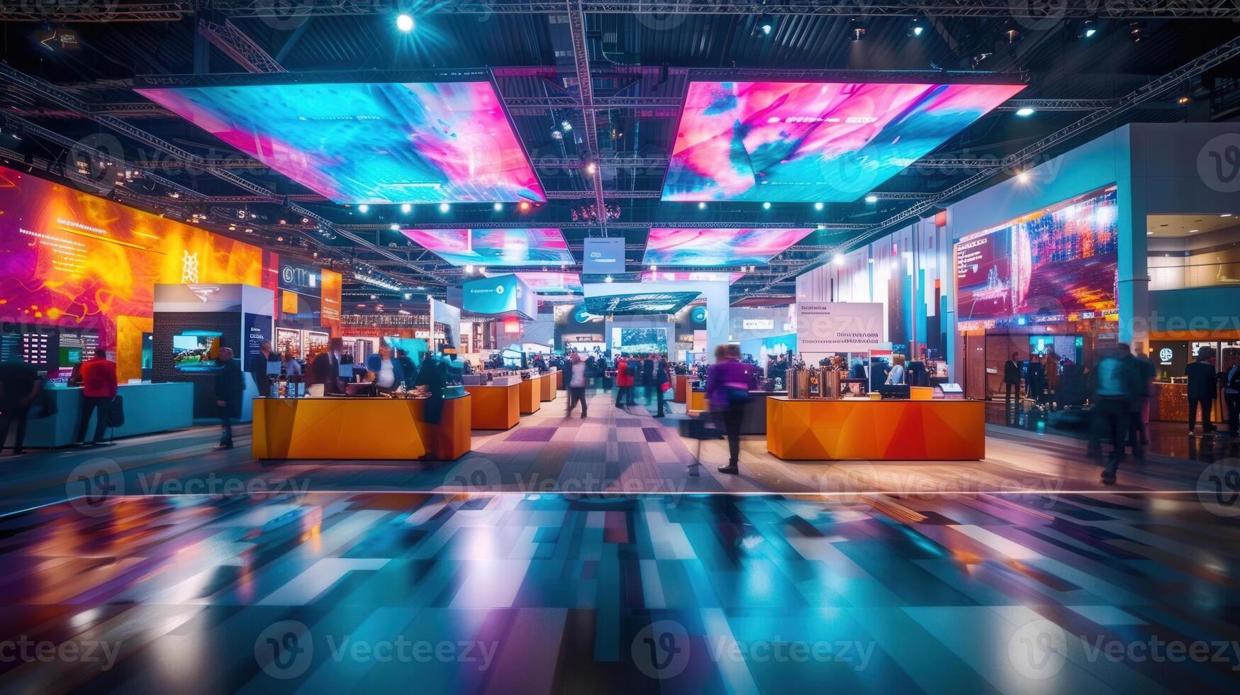 Inside a busy exhibition hall showcasing technology with vibrant colorful screens and people. photo