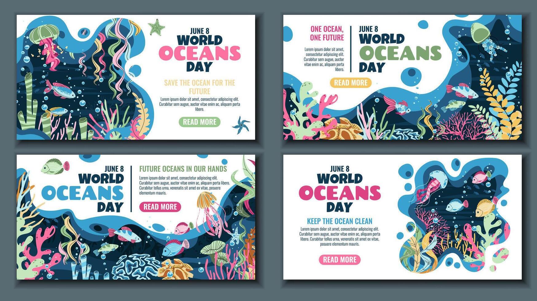 World Oceans Day Horizontal Web Banner Set. Vibrant Coral Reef with Tropical Fish and Seaweed in Flat Design. Perfect for Marine Conservation Campaigns, Educational Websites, and EcoTourism Promotions vector