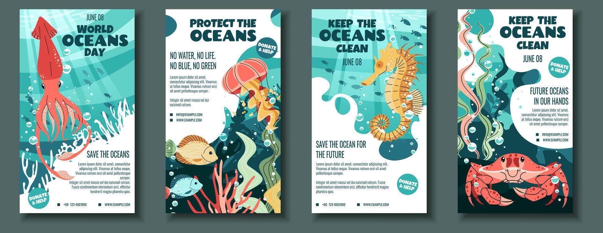 World Oceans Day Social Media Story Templates. Flat Design Squid, Jellyfish, Crab and Seahorse on Coral Reef. Perfect for Marine Conservation Posts, Aquarium Promotions and Ocean-Themed Brand Content. vector