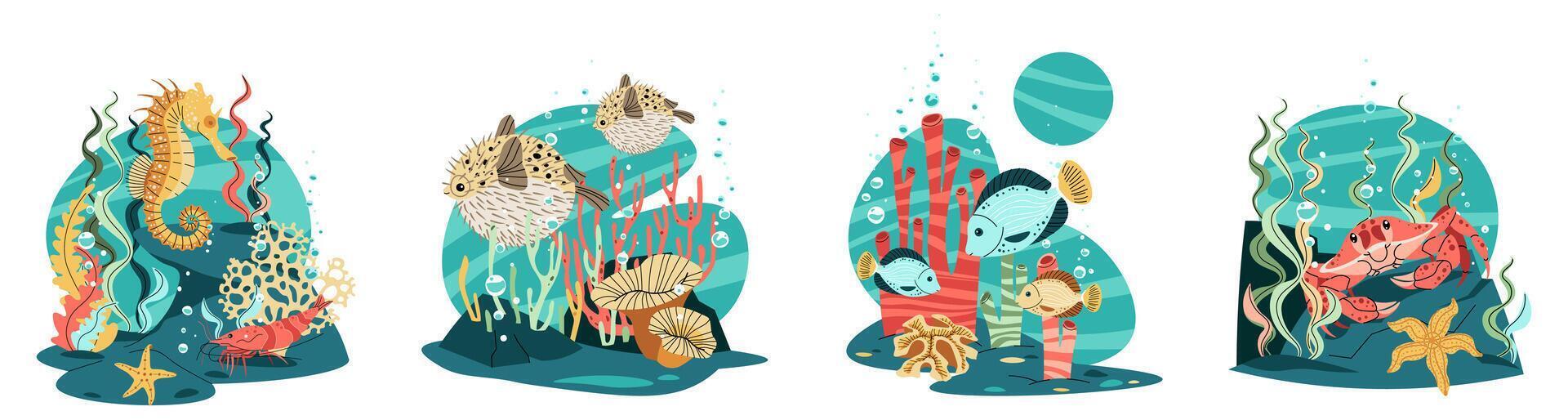 Marine Life Flat Design Set Featuring Pufferfish, tropical fish, Seahorse and Crab on Coral Reef with Seaweed Isolated on White Background. Illustration Collection for Ocean Conservation. vector