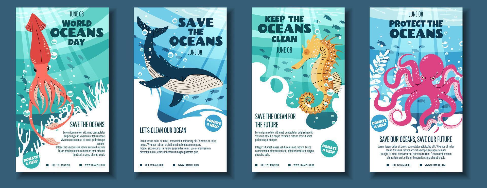 World Oceans Day Social Media Story Templates. Octopus, Squid, Whale and Seahorse in Flat Design. Perfect for Ocean Conservation Posts, Diving Club Promos and Kids Educational Content vector