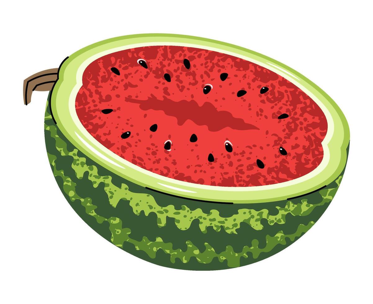 Half watermelon on white background. Flat design fresh fruit slice. For stickers, logo design, food packaging, summer branding. illustration vector