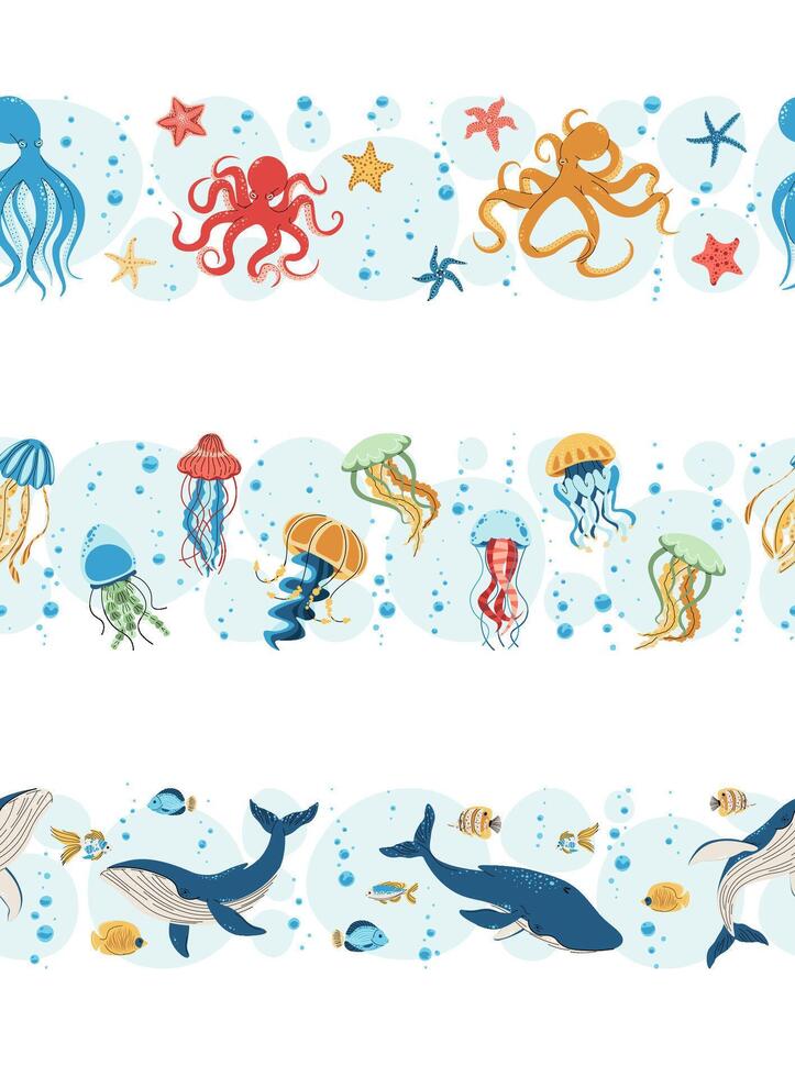Seamless Ocean Borders Set. Whales, Jellyfish and Octopuses in Flat Design. Perfect for Marine Conservation Websites, Kids Educational Materials and Underwater Party Decor. Repeatable Patterns. vector