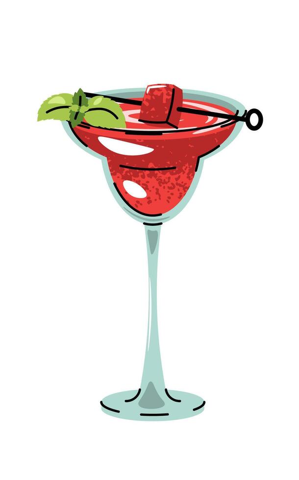 Watermelon drink in glass with ice, mint leaves and fruit, flat design illustration on white. Refreshing summer beverage, cold fruity cocktail. Perfect for menu, bar branding, social media vector