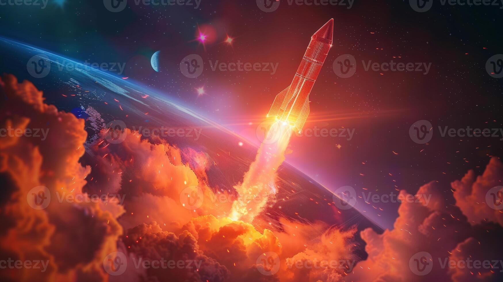 A fiery rocket soars into the vastness of space, leaving a trail of smoke behind it. photo