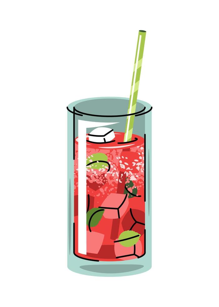 Watermelon cocktail with ice, mint leaves and straw, flat design illustration on white background. Refreshing summer drink, cold fruity beverage. Perfect for bar menu, food packaging, cafe vector