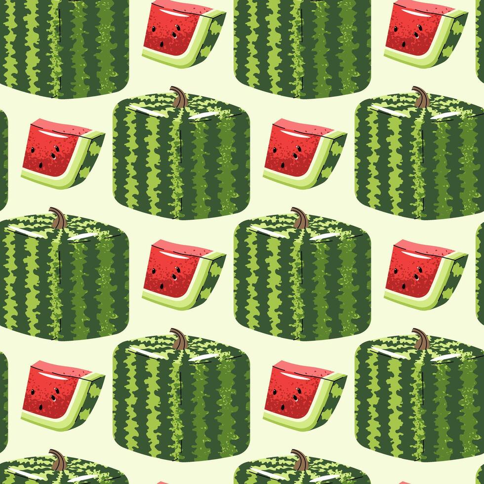 Square Watermelon Seamless Pattern. Flat Design Geometric Fruit Repeat. Ideal for Modern Textiles, Packaging, Wallpaper, Digital Backgrounds. Minimalist Illustration vector
