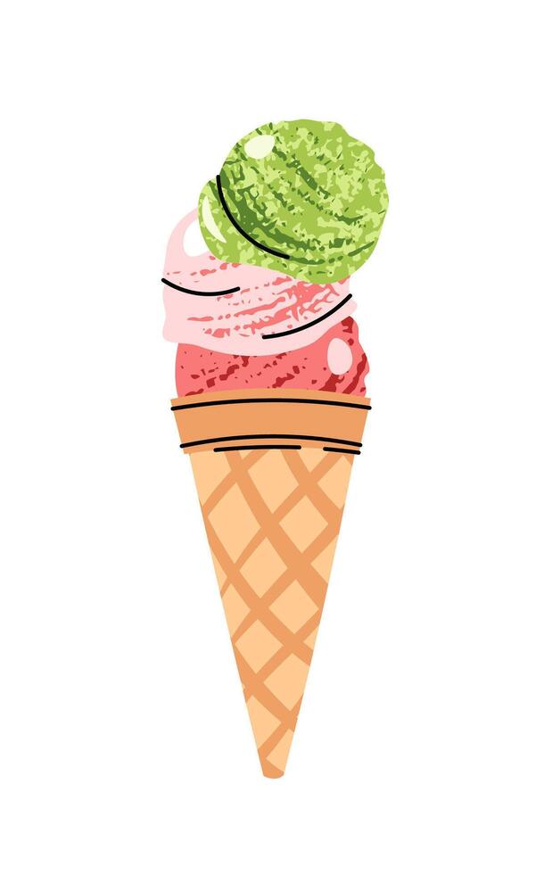Watermelon Ice Cream Scoops in Waffle Cone. Flat Design Sorbet on White Background. Refreshing Summer Dessert, Sweet Treat. Perfect for Logos, Stickers, Packaging, Food Branding, Labels vector