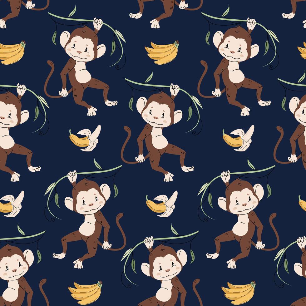 Seamless pattern with cute monkeys in flat style. Repeating background with African animals, vines and bananas. Childish illustration for fabric, wallpaper, wrapping paper vector