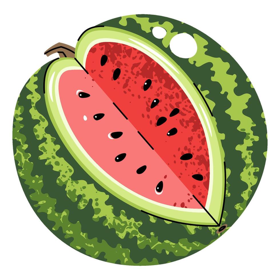 Watermelon with missing slice isolated on white. Flat design illustration of juicy fruit with cut-out piece. Perfect for logo, sticker, food packaging, summer branding, healthy lifestyle product vector
