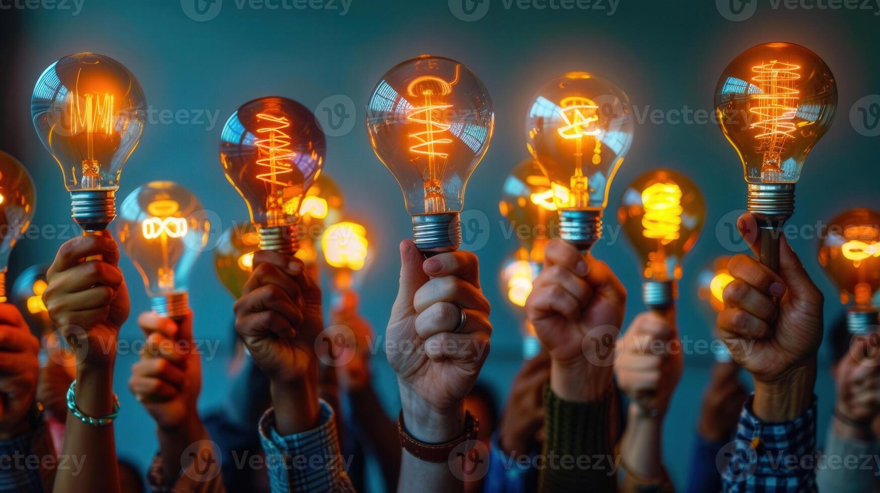 A diverse group of hands holds glowing light bulbs, symbolizing new ideas and innovation. photo