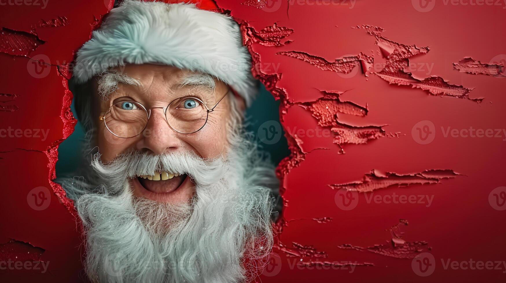 Santa Claus peeks through a textured red background with a wide, joyful expression. photo