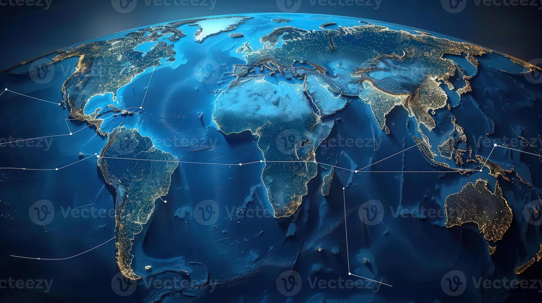 A 3d rendering of the Earth, showing city lights, data lines, and global networks over the planet. photo