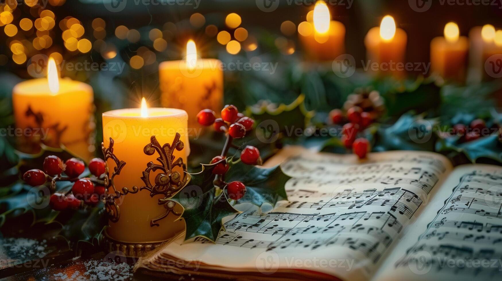 Cozy christmas arrangement with lit candles, holly, and musical notes displayed. photo