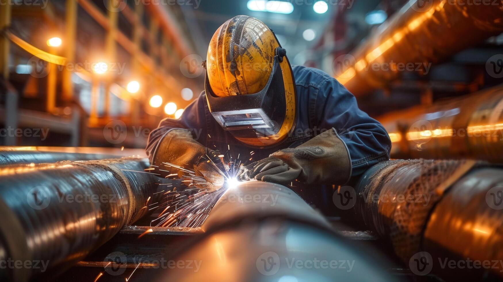 A welder is carefully joining metal pipes, creating sparks in an industrial environment. photo