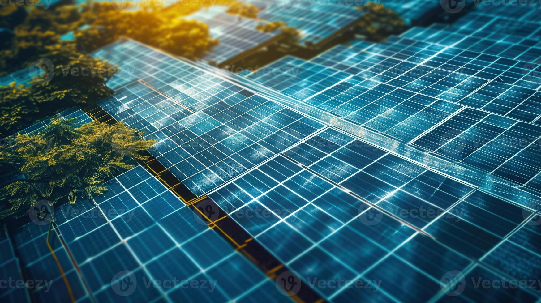 Aerial view of solar panels embedded in a lush natural environment under direct sunlight. photo