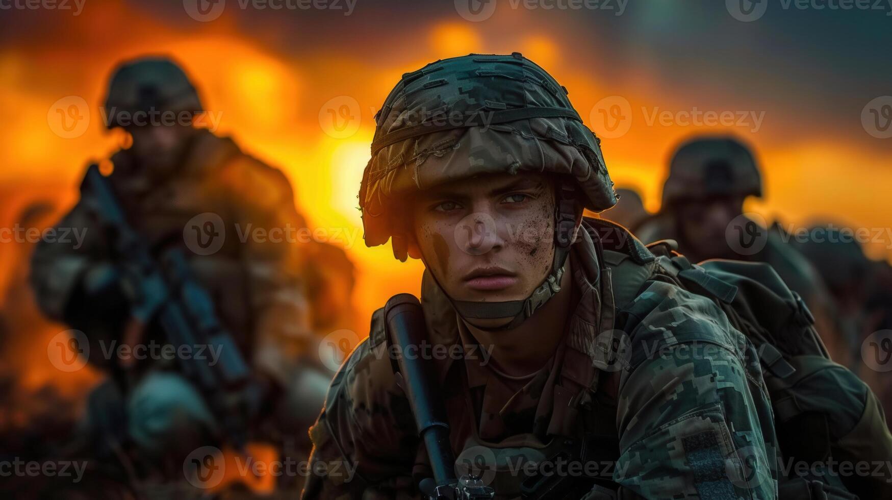 Close-up view of a soldier with determined expression amidst a battle scene at sunset. photo