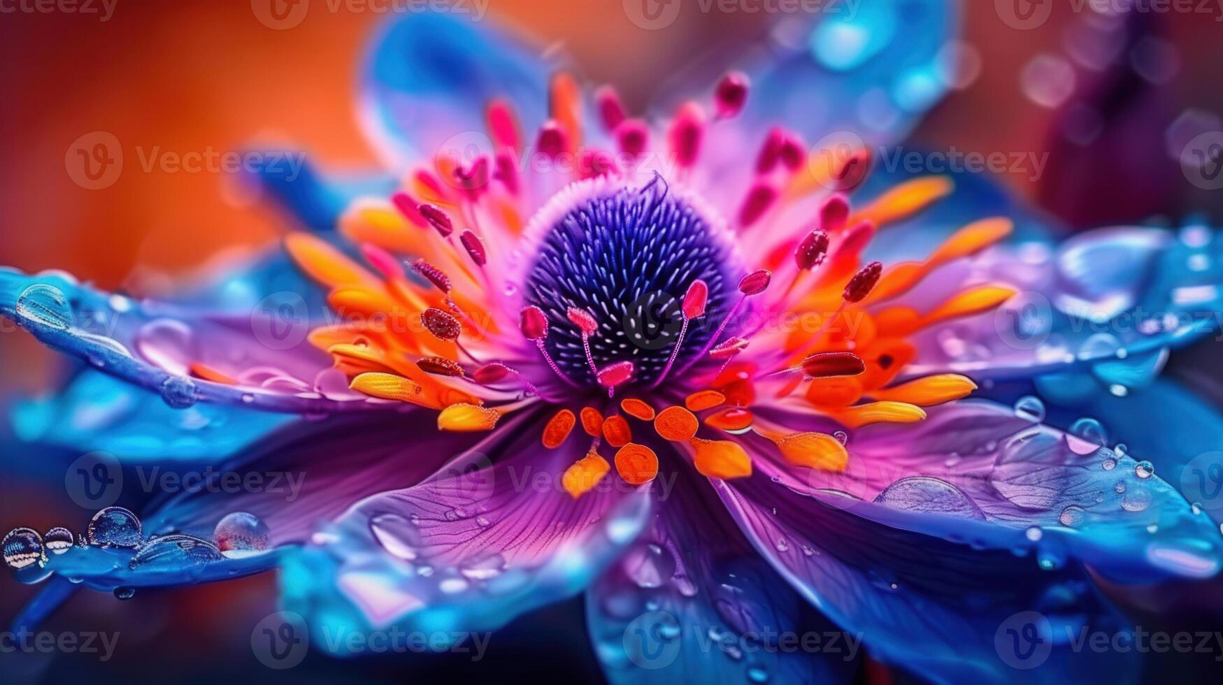 Stunning macro shot of a vividly colored flower covered with sparkling water droplets. photo