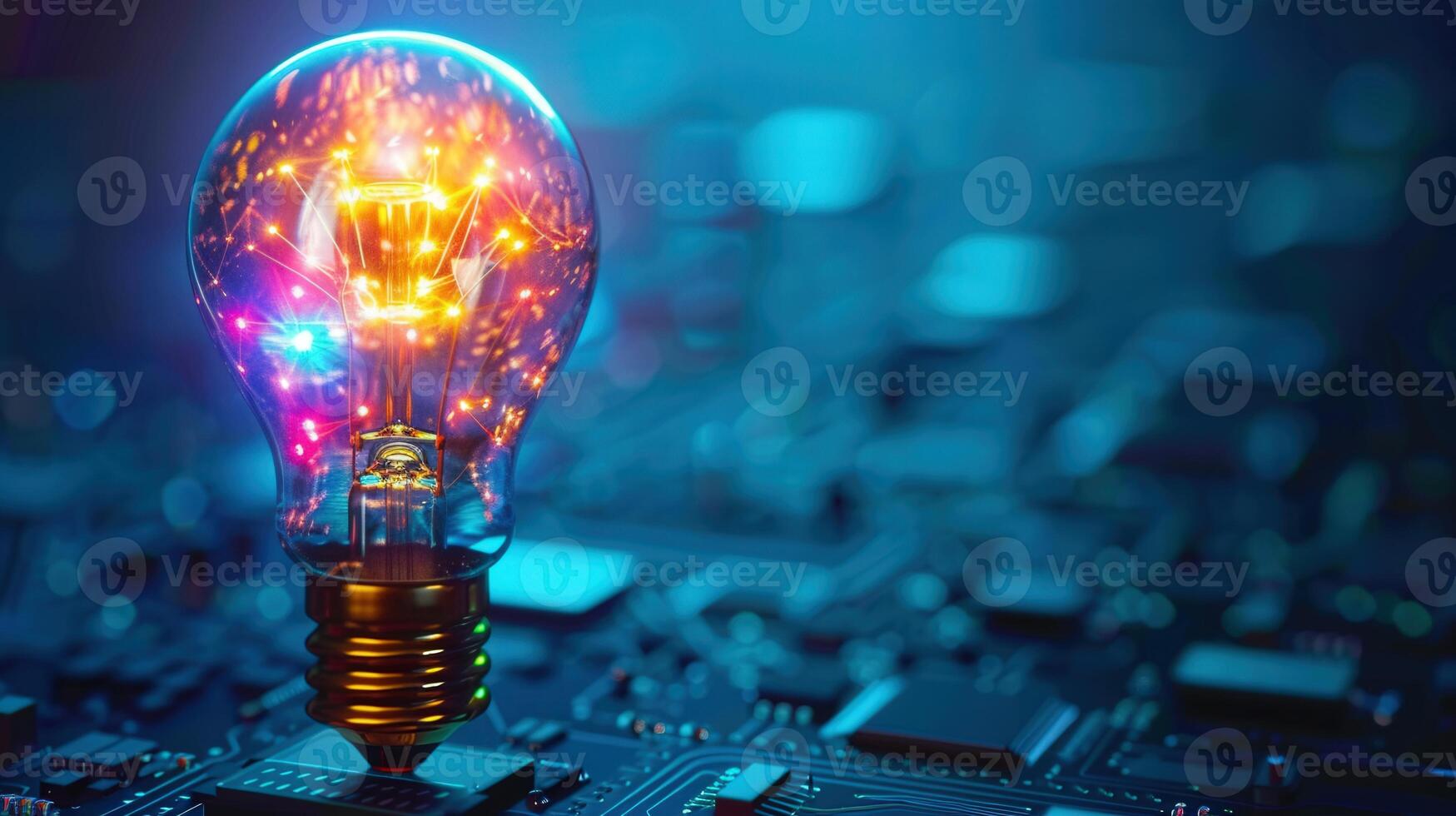 Vibrant lightbulb with radiant energy, symbolizing innovation and modern technological concepts. photo